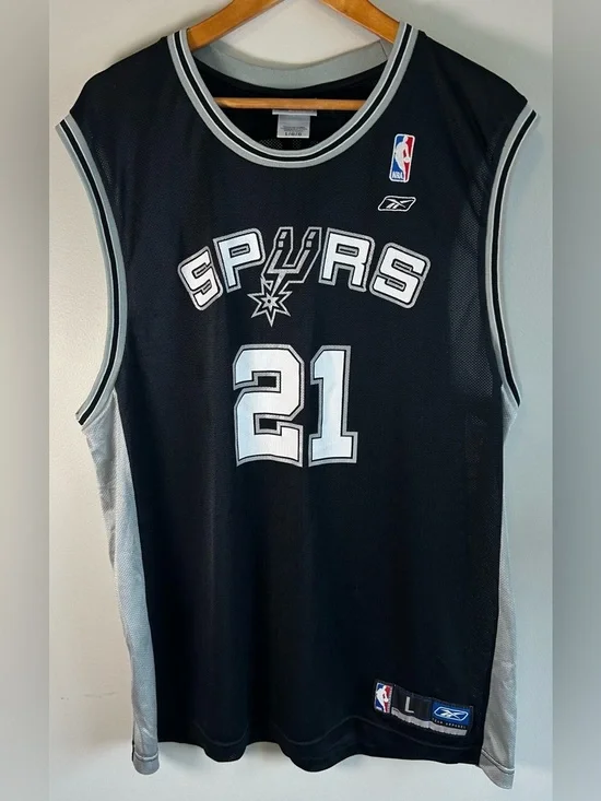 Vintage Reebok NBA San Antonio Spurs Tim Duncan #21 Jersey Sz L Nylon Black EUC - Picture 1 of 9